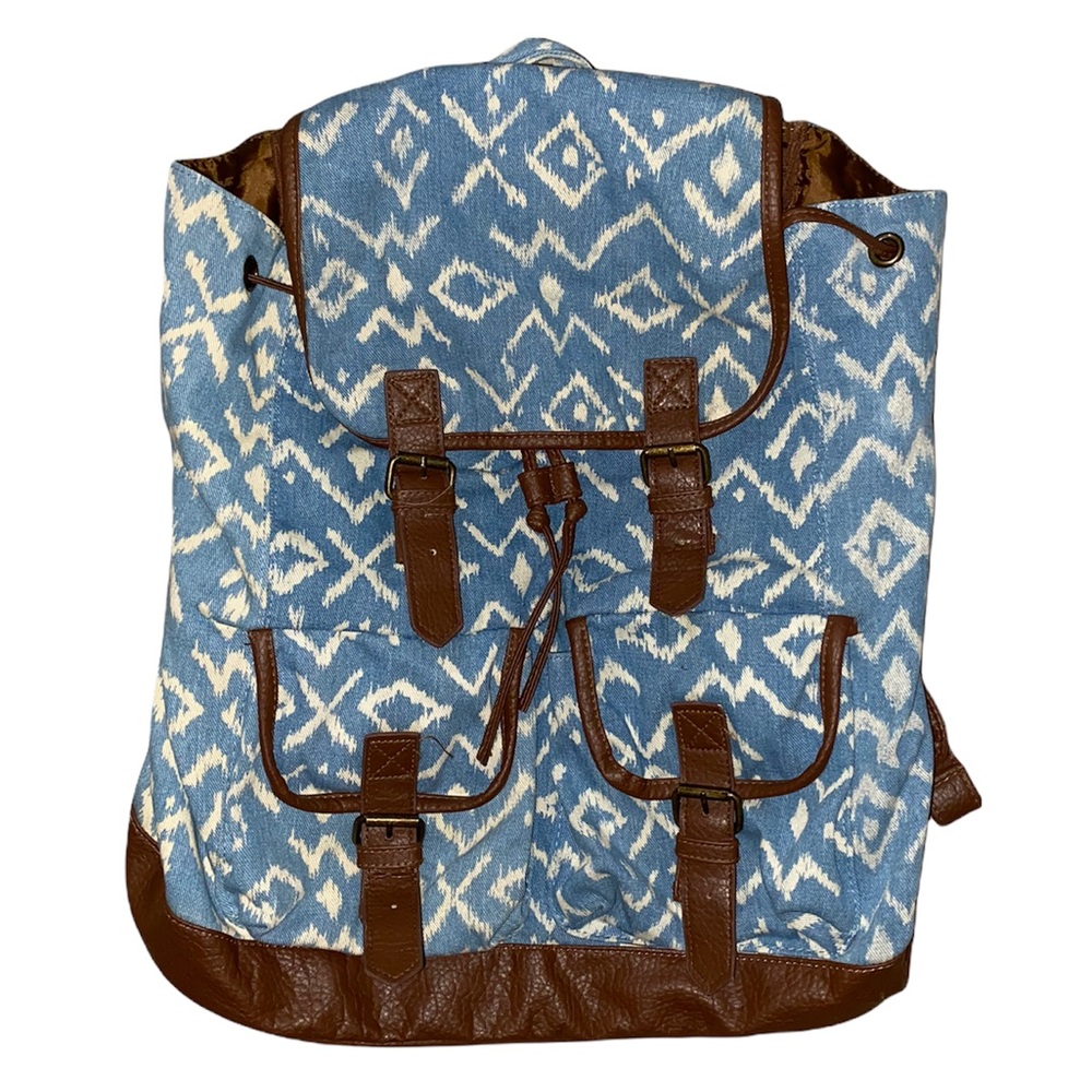 Empyre Blue and Off White Aztec Print Brown Trim Hobo Backpack
